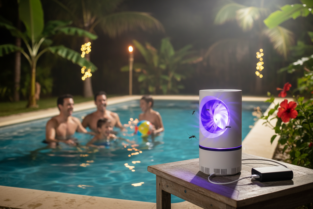 Lámpara junto a piscina familiar de noche